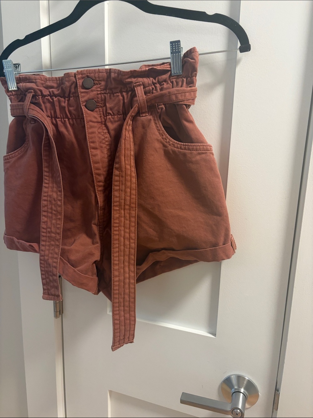 Abercrombie & Fitch Rust High-Waist Paperbag Shorts with Tie